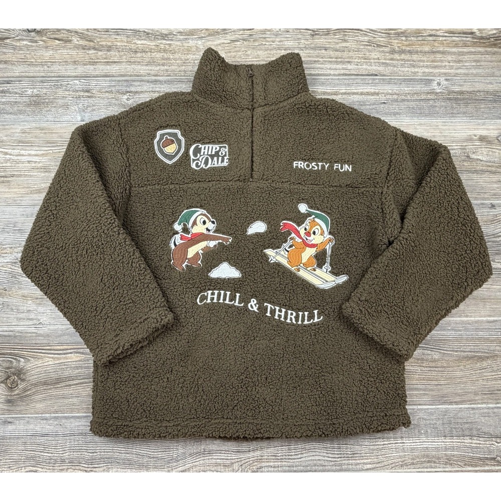 NWT Disney Women's M Fleece Jacket Brown Sherpa 1/2 Zip Pullover Chip & Dale